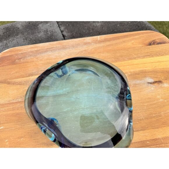 Vintage Murano Style Art Glass Ashtray Bowl 9” Teal Turquoise Sommerso Heavy MCM - Picture 7 of 8
